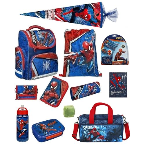 Schulranzen-Set Marvel Spiderman 16 TLG. mit Federmappe, Dose, Flasche, Sporttasche, große Schultüte 85cm und Regenschutz