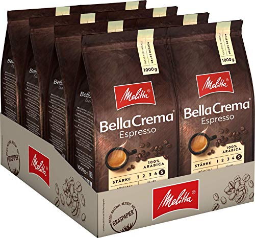 Melitta Ganze Kaffeebohnen, 100% Arabica, kräftig-würziger Geschmack, Stärke 5, BellaCrema Espresso, 8 x 1kg