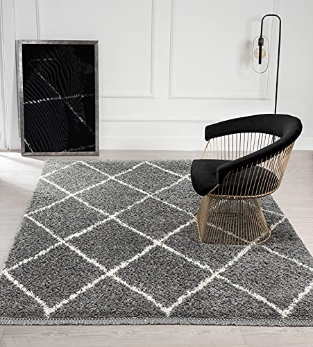 the carpet Bahar Shaggy Hochflor (35 mm) Langflor Wohnzimmer Teppich Rauten Muster Grau 120x170 cm