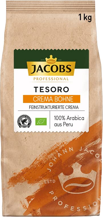 Jacobs Professional Tesoro Café Crema, Bio-Kaffeebohnen 1kg, ganze Bohnen, 100% Arabica, leichter Geschmack, Intensität 3/5, UTZ-zertifiziert