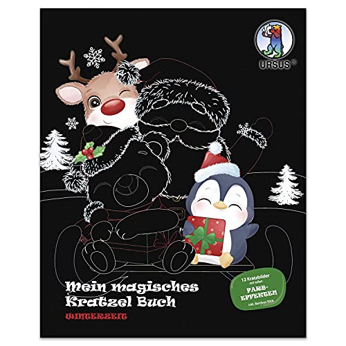 Ursus 24530003F - Mein magisches Kratzelbuch Winterzeit, Block mit Kratz-und Ausmal-Bildern, ca. 21 x 26 cm groß, 12 winterliche Motive mit tollen Farbeffekten, inklusive Holz-Stick, bunt