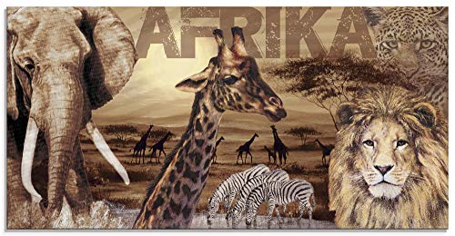 Artland Glasbilder Wandbild Glas Bild einteilig 100x50 cm Querformat Afrika Tiere Elefant Löwe Safari Savanne Natur Landschaft T3KB