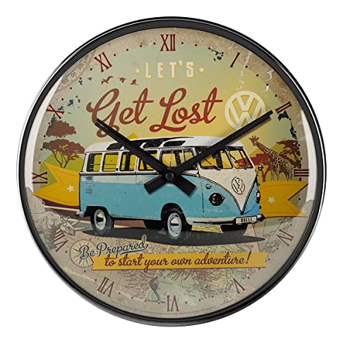 Nostalgic-Art Retro Wanduhr, Ø 31 cm, VW Bulli – Let's Get Lost – Volkswagen Bus Geschenk-Idee, Große Küchenuhr, Vintage-Design zur Dekoration