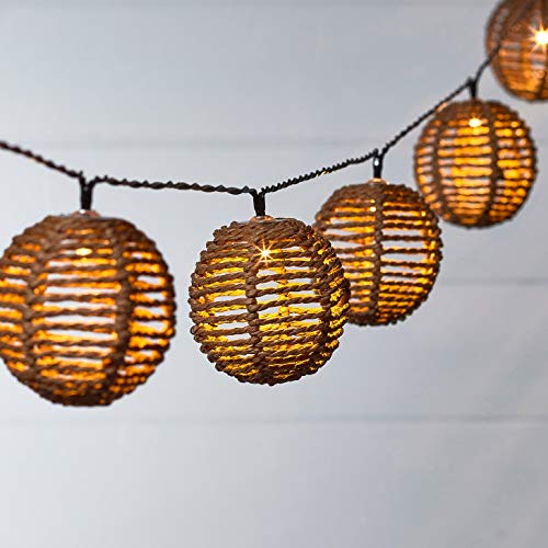 Lights4fun 10er LED Solar Rattanball Lampion Lichterkette warmweiß