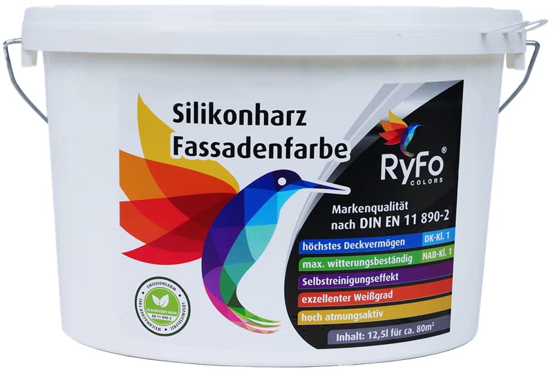 RyFo Colors Silikonharz Fassadenfarbe 12,5l (Größe wählbar) - hochwertige Silikon Außen-Farbe-Dispersion, weiß, abtönbar, wasserabweisend, Abperleffekt, Wetterschutz, hohe Deckkraft, lösemittelfrei