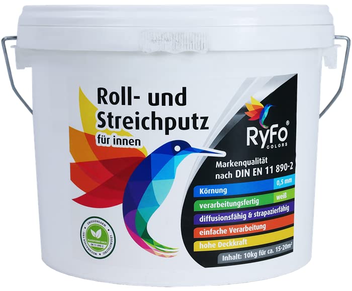 RyFo Colors Roll- und Streichputz für innen 10kg (Größe wählbar) - Rollputz für den Innen-Bereich, strahlend weiß mit edler feinkörniger Struktur, einfachste Verarbeitung