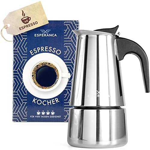 Esperanca Espressokocher Edelstahl Induktion für 4 Tassen für italienischen Espresso, Kaffee, und Mokka – Espressokanne, Mokkakanne [200ml]