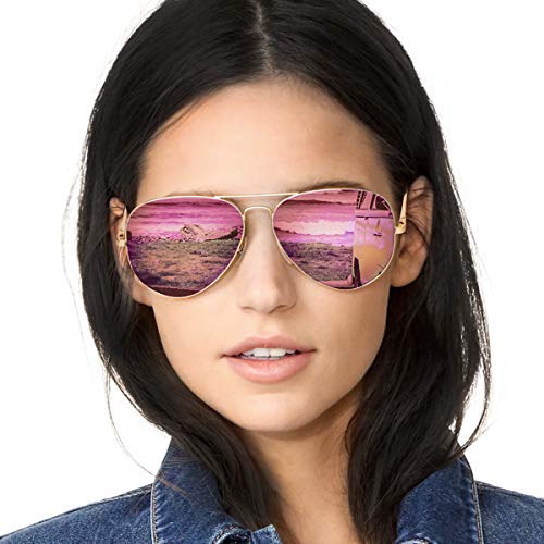 SODQW Pilotenbrille Sonnenbrille Damen Verspiegelt Polarisiert Mode Flieger Brille für Autofahren Angeln Metallrahmen 100% UVA UVB Schutz (Gold Rahmen Rosa Linse)