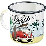 Nostalgic-Art Retro Emaille-Tasse, Volkswagen Bulli – Beach – VW Bus Geschenk-Idee, Camping-Becher, Vintage-Design, 360 ml, 1 Stück (1er Pack)