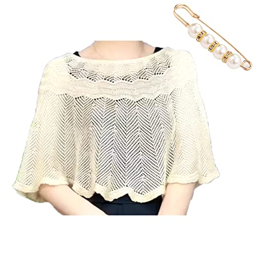 Hokuto Gestrickter sonnenfester Eisseiden-Schal, lockerer Hohlstrick-Schal für Damen, offen gestrickt mit Perlenclips (Beige)