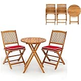 KOMFOTTEU 3 teilig Balkonmöbel, Balkonset klappbar, Gartenmöbel-Set mit 1 Tisch & 2 Stühlen, Sitzgarnitur mit 2 Kissen, Sitzgruppe Bistroset für Balkon, Garten (Rot Kissen)