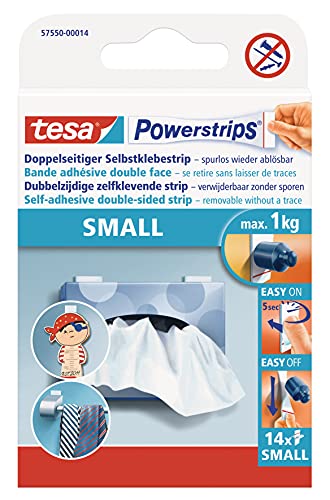 tesa Powerstrips Small - Doppelseitige Klebestreifen zur Montage von Gegenständen auf glatten Oberflächen - Bis zu 1 kg Halteleistung - 14er Pack Powerstrips