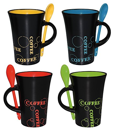 Haus und Deko Keramik Kaffeebecher & Löffel im 4er Set XL Kaffeetassen schwarz bunt Tasse Becher