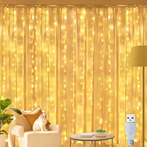 Ollny Lichtervorhang innen LED Lichterkette - 3x3m 300 LED Lichterketten Vorhang warmweiß Wasserdicht USB Lichterkette außen für Fenster Schlafzimmer Wand Party Deko Gardine Balkon Weihnachten