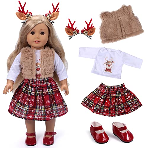 Tacobear Puppenkleidung Weihnachten Puppen Kleider Zubehör Set Puppen Hemd Rot Karierter Rock Mantel Puppenschuhe Elch Haarspangen Babypuppen Kostüm für 18 Zoll Puppen