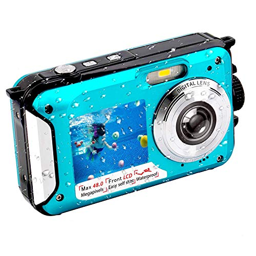 Unterwasserkamera Full HD 2.7K 10FT Kamera Wasserdicht 48 MP Unterwasser Kamera Selbstauslöser 2.7 & 1.8 Zoll Dual Screen wasserdichte Kamera für den Urlaub