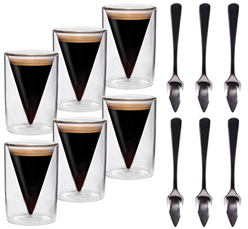 Feelino® Espressotassen Set (6x70ml + 6 Löffel) Espresso Gläser, doppelwandige Gläser, Espressokaffeetassen, Doppelwandige Kaffeegläser, Espresso Tassen, Espressokaffeetassen Thermogläser doppelwandig