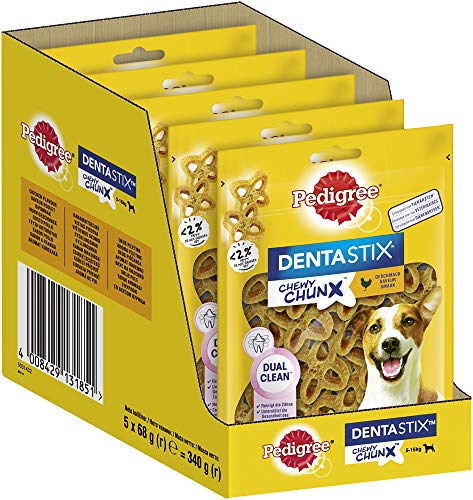 Pedigree Dentastix Chewy Chunx Zahnpflegesnacks für kleine Hunde von 5-15 kg, mit Huhn, 5 Packungen (5 x 68 g)