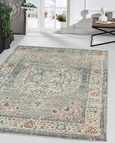the carpet Palma robuster Teppich, Flachgewebe, modernes Design, ideal für Küche und Esszimmer, Vintage-Optik, Used-Look, besonders flach, auch für den Außenbereich, Grau-Orient, 200 x 290 cm