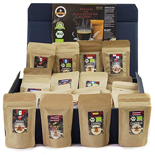 C&T Kaffee-Geschenkset Bio Fair-Trade 24 Päckchen á 20 g (Ganze Bohne) mit 24 Biologischen, Raritäten- und Fair gehandelten Kaffees plus Überraschung | Weihnachts-Geschenk | Geschenkbox