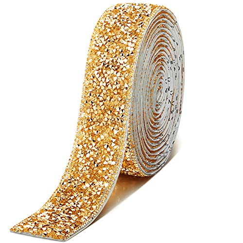 3 Yards Selbstklebendes Kristall Strass Band DIY Dekoration Diamant Aufkleber Glänzendes Bling Strass Aufkleber Band mit 2 mm Strasssteinen für Kunst und Handwerk (Gold, 1,2 Zoll)
