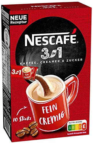 NESCAFÉ 3-in-1 Getränkepulver-Sticks, löslicher Bohnenkaffee mit Creamer & Zucker, Instant-Kaffee aus erlesenen Kaffeebohnen, koffeinhaltig, 1er Pack (1 x 10 Getränkepulver-Sticks à 16,5g)