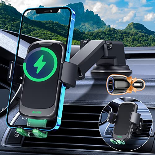 Auckly 15W Handyhalterung Auto mit Ladefunktion, [Automatische Klemmung], Fast Qi Wireless Car Charger Induktive Ladestation Kfz Lüftung+Saugnapf+QC3.0 für iPhone 12/13/14 Pro Max Plus Mini/Samsung