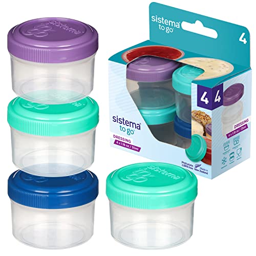 Sistema TO GO Dressingbehälter | Frischhaltedosen/Soßenbehälter mit Deckel | 35 ml | BPA-frei | Grün, lila, blau | 4 Stück, 4 x 32 ml