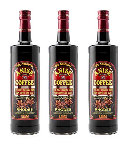Kaffee Ouzo Likör 3x 1,0l 21% | Das Original von Rhodos | Coffee Anise Aigaion | + 1 x 20ml Olivenöl'ElaioGi' aus Griechenland