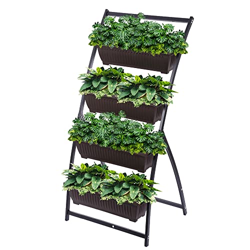 Khome Gear - Vertikaler Pflanzenständer mit 4 Blumenkästen, für Blumen und Pflanzen, für Garten, Terrasse, Innenbereich, Braun und Schwarz