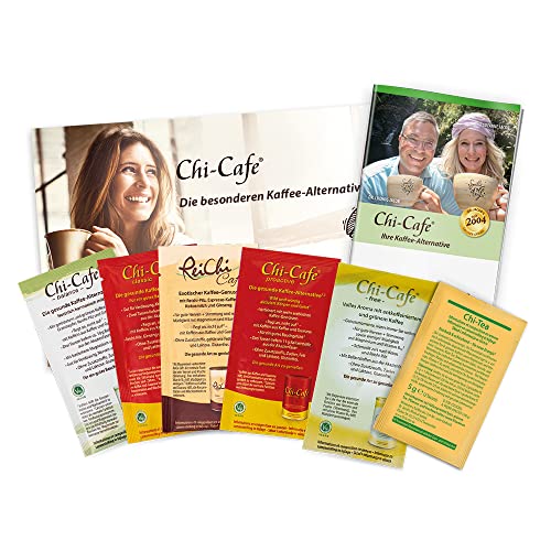 Chi-Cafe Probierpaket I 6 Musterbeutel für je 2 Tassen Kaffee/Tee I Chi-Cafe-Flyer I Produktvariationen: Chi-Cafe balance + classic + proactive + free, ReiChi Cafe, Chi-Tea I Vegan