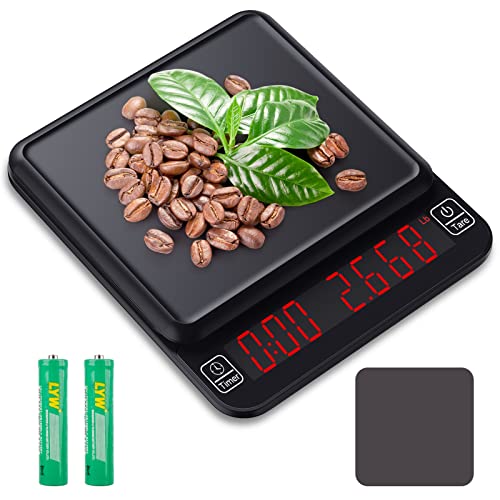 Kaffeewaage mit Timer Espresso Waage 3kg/0,1g Digitale Feinwaage Coffee Scale Multifunktionale Küchenwaage mit LED-Anzeige mit Tara Funktion Barista Waage Lebensmittelwaage (inklusive Akku)
