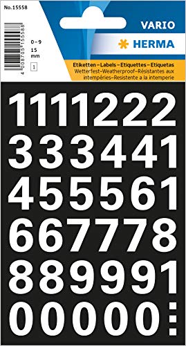HERMA 15558 Zahlen Aufkleber 0 - 9, wetterfest (Schriftgröße 15 mm, 1 Blatt, Folie) selbstklebend, permanent haftende Nummern Sticker, 39 Etiketten, schwarz / transparent