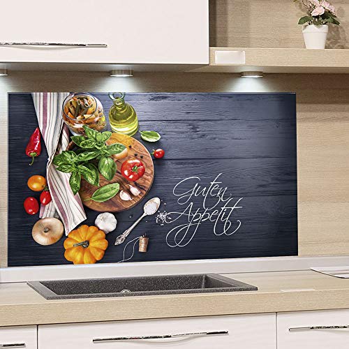GRAZDesign Spritzschutz Küche Herd, Gemüse auf Holz, dunkelgrau mit Guten Appetit, Küchenrückwand aus Echtglas / 80x40cm