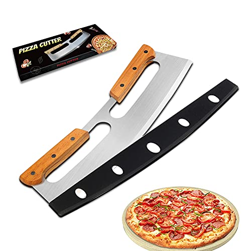 Pizzaschneider Groß, Pizza Wiegemesser aus Edelstahl 35cm mit Holzgriff - Schnelles und Gleichmäßiges Profi Pizzamesser