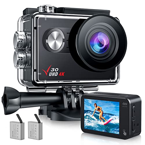 Action Cam 4K 20MP, 170° Weitwinkel Unterwasserkamera mit EIS Stabilisierung, 2'' Touchscreen,100FT Wasserdichter Sportkamera,PC-Webcam, 2x1350 Batterien und Montagezubehör Kit