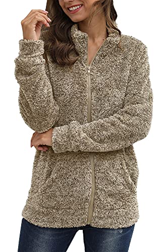 BesserBay Damen Flaumiges Fleece Sweatshirt mit Rundem Ausschnitt und Taschen Kaffee L