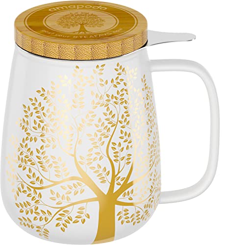 amapodo Teetasse mit Deckel und Sieb - Porzellan Tee Tasse groß 600ml - Jumbotasse - XXL Tea Cup Set Weiß - plastikfrei