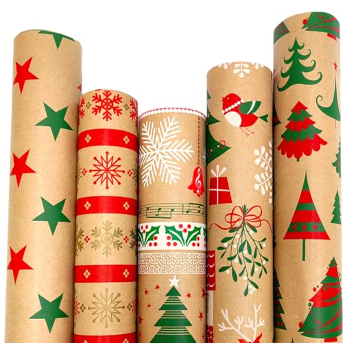 Weihnachts Geschenkpapier Weihnachten 5 Rollen je 2 m x 70 cm aus Recyclingpapier Weihnachtspapier Nature Kraftpapier Weihnachtsgeschenkpapier Geschenkverpackung für Xmas Weihnachten Christmas