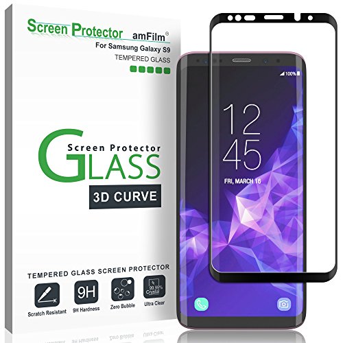 amFilm Panzerglas Schutzfolie für Galaxy S9, Vollständige Abdeckung (3D Abgerundete) Glas Displayschutzfolie für Samsung Galaxy S9 (Schwarz)