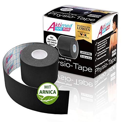 AKTIMED Tape PLUS Kinesiologie Tape – Sporttape mit pflanzlichem Extrakt Arnica D6* – patentiertes Physiotape Dermatest „sehr gut“ – Kinesiologie Tapes elastisch & wasserfest (schwarz)