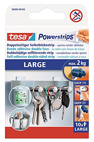 tesa Powerstrips Large - Doppelseitige Klebestreifen zur Montage von Gegenständen auf glatten Oberflächen - Bis zu 2 kg Halteleistung - 10er Pack Powerstrips