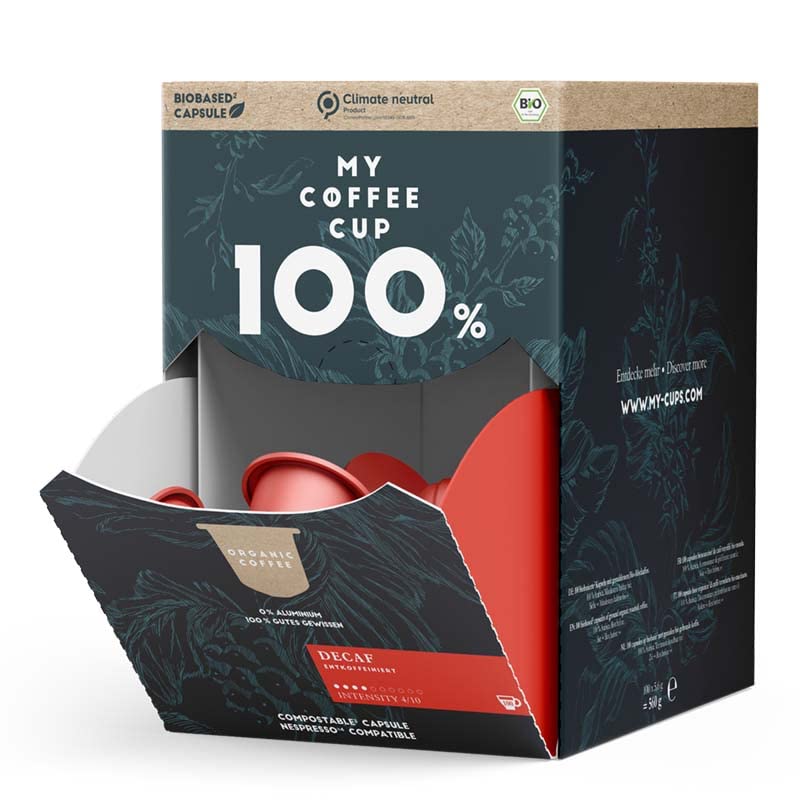 My Coffee Cup – MEGA BOX DECAF – BIO-KAFFEE I 100 Kaffeekapseln für Nespresso®³-Kapselmaschinen I Industriell kompostierbare Kaffeekapseln – 0% Alu I Nachhaltige Kaffeekapseln