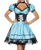 Dirndl Kleid Kostüm mit Bluse und Schürze aus Jacquard Stoff und Spitze Spitzenstoff Oktoberfest Dirndl blau/schwarz M Oberteil dunkel