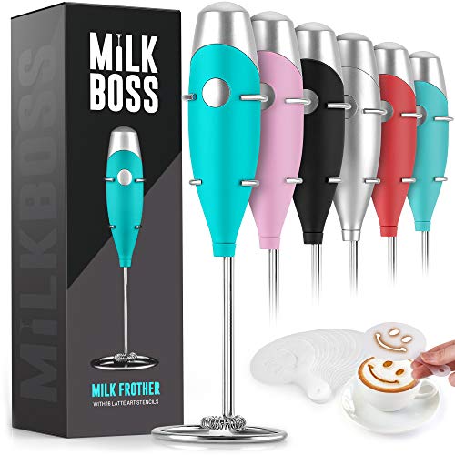 Milk Boss Mighty Milchaufschäumer Handrührer – Kaffee-Aufschäumer Elektrischer Handschaum-Maker & Aufschäumer für Kaffee – Tragbarer elektrischer Schneebesen mit 16 Schablonen für Latte