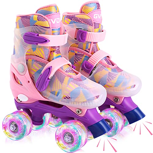 GVDV Rollschuhe Mädchen Verstellbar - LED Roller Skates Beleuchtete für Kinder und Jugendliche, Quad Rollerskates Kompletter Schutz für Anfänger, Rosa …