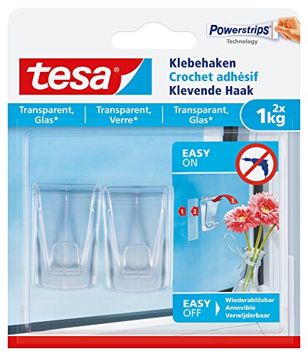 tesa Klebehaken für transparente Oberflächen und Glas (1 kg) - Durchsichtige, selbstklebende Haken - Bis zu 1 kg Halteleistung pro Haken, 2-er Pack
