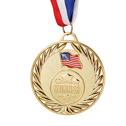Siegermedaillen Winner, Goldmedaillen mit Zinklegierung, Olympischer Stil, Am Band Rot, Weiß, Blau (6,9 cm Durchmesser, Goldfarben, 12 Stück)