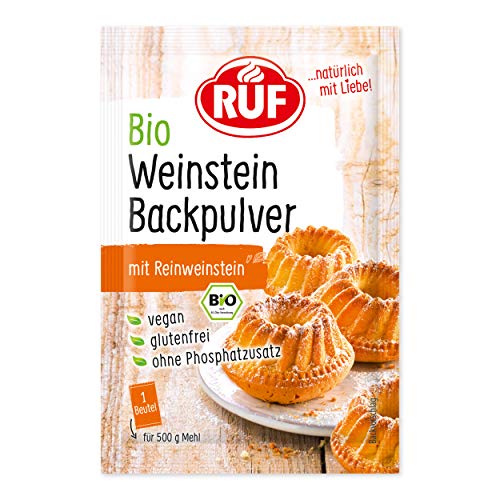 RUF Bio Weinstein Backpulver, ohne Phosphatzusatz, zum Backen von Kuchenteigen, Tortenböden, Muffins und Cupcakes, glutenfrei und vegan, 3x20g