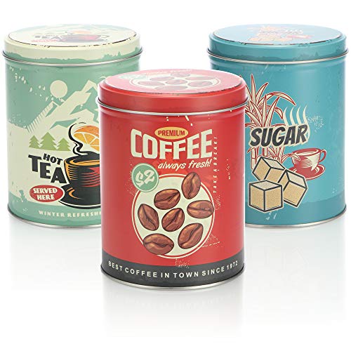 com-four® 3x Vorratsdosen im Retro Design - Runde Kaffeedose aus Metall mit Deckel - Nostalgie Dosen für Kaffee, Tee und Zucker (03 Stück - blau/grün/rot)